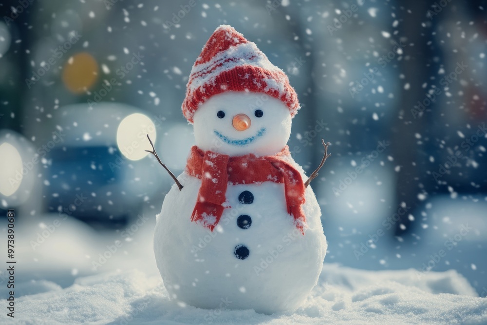 A cute snowman wearing a red Santa hat and scarf sits in the snow, surrounded by red ornaments and snow-covered branches, creating a cheerful holiday scene. A cute snowman wearing a red Santa hat and scarf sits in the snow, surrounded by red ornaments and snow-covered branches, creating a cheerful holiday scene.