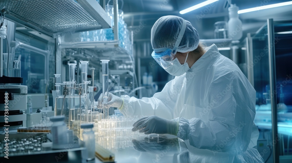 A biopharmaceutical scientist in sterile gloves, carefully handling sterile lab equipment and conducting aseptic processing in a cleanroom, showcasing advanced pharmaceutical manufacturing techniques A biopharmaceutical scientist in sterile gloves, carefully handling sterile lab equipment and conducting aseptic processing in a cleanroom, showcasing advanced pharmaceutical manufacturing techniques