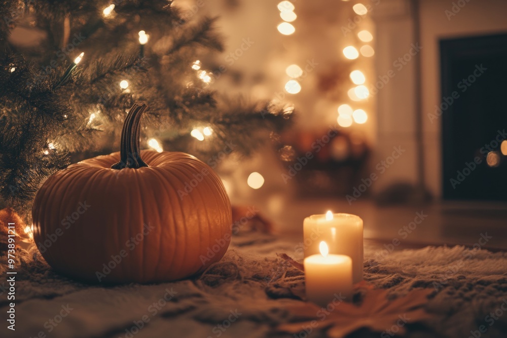 A bright orange pumpkin sits among red berries and pine branches, creating a warm autumn or Thanksgiving scene with soft glowing lights in the background. A bright orange pumpkin sits among red berries and pine branches, creating a warm autumn or Thanksgiving scene with soft glowing lights in the background.