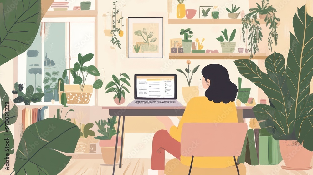 Woman Working at a Desk in a Room Full of Plants Woman Working at a Desk in a Room Full of Plants