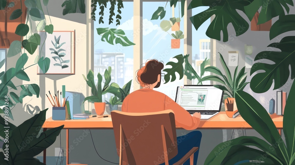 Fototapeta premium Person Working at Desk Surrounded by Plants