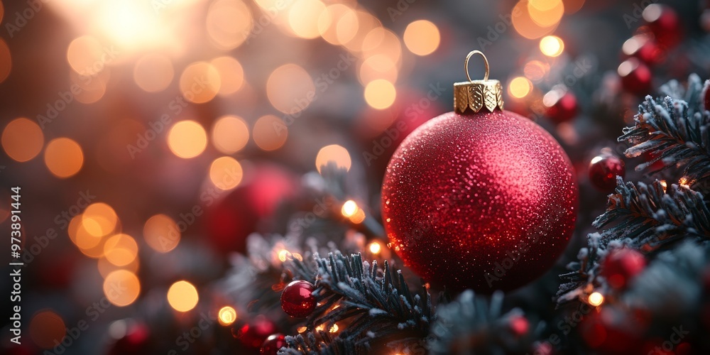 Sparkling red Christmas ornament hanging on a frosty pine tree branch with a festive bokeh background in warm golden tones. Sparkling red Christmas ornament hanging on a frosty pine tree branch with a festive bokeh background in warm golden tones.