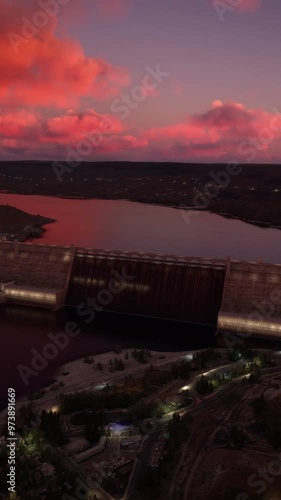 Grand Coulee Dam in Washington. Circular aerial view at sunset. United States photo