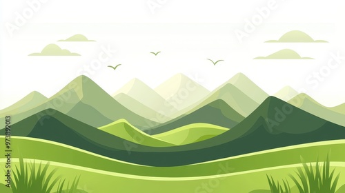 Green Mountain Landscape with Grass and Clouds