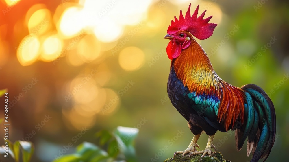 Rooster crowing at sunrise, with vibrant red comb and colorful feathers Rooster crowing at sunrise, with vibrant red comb and colorful feathers