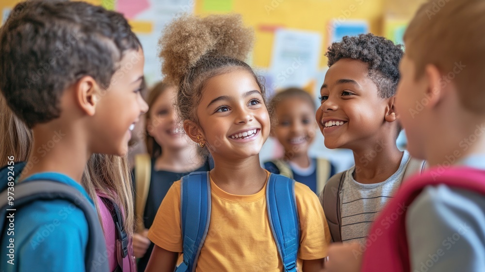 A group of happy school children with backpacks, smiling and interacting with each other, in a bright and colorful classroom A group of happy school children with backpacks, smiling and interacting with each other, in a bright and colorful classroom