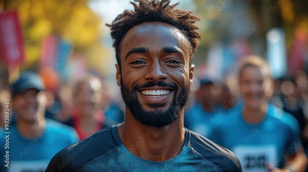 Smiling runner in a race with participants in the background. Smiling runner in a race with participants in the background.