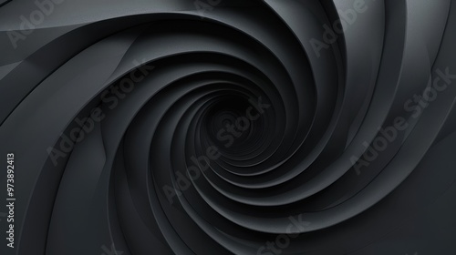 Black abstract spiral star design, elegant minimal dark grey vortex, psychedelic sacred geometry polygon, perfect for technology or luxury themes, captivating 3D fractal rendering.