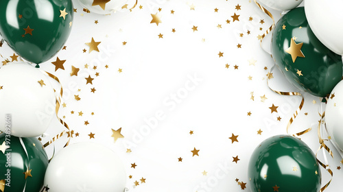 yellowgreend white balloons with gold stars and ribbons, Birthday background, party background, celebration, wjite background