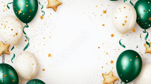 yellowgreend white balloons with gold stars and ribbons, Birthday background, party background, celebration, wjite background