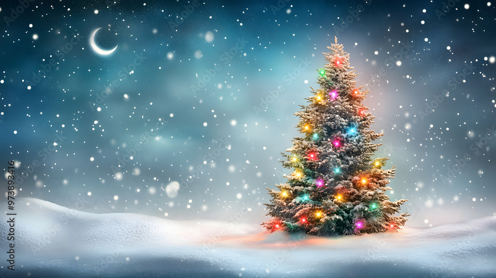 Magical snow-covered Christmas tree with colorful lights in a serene winter scene, crescent moon and stars illuminating the snowy landscape Magical snow-covered Christmas tree with colorful lights in a serene winter scene, crescent moon and stars illuminating the snowy landscape