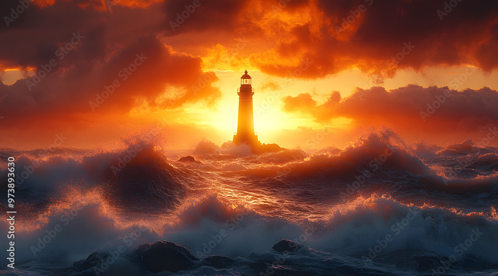 “A Lighthouse Standing Firm in the Middle of a Stormy Sea with a Sunset Sky, Highlighting the Contrast Between the Turbulent Waters and the Calm Guidance of the Lighthouse, Symbolizing Resilience and “A Lighthouse Standing Firm in the Middle of a Stormy Sea with a Sunset Sky, Highlighting the Contrast Between the Turbulent Waters and the Calm Guidance of the Lighthouse, Symbolizing Resilience and