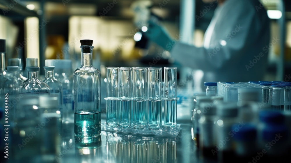 A pharmaceutical lab filled with various vials and equipment, with a focus on a lab technician preparing for medical research, illustrating the process of pharmaceutical production A pharmaceutical lab filled with various vials and equipment, with a focus on a lab technician preparing for medical research, illustrating the process of pharmaceutical production