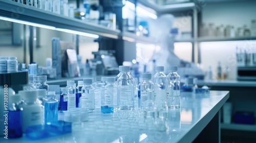 A pharmaceutical lab filled with various vials and equipment, with a focus on a lab technician preparing for medical research, illustrating the process of pharmaceutical production