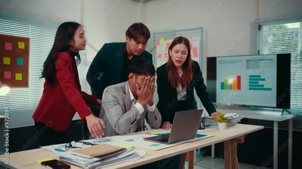 Diverse team of business professionals is confronting their male colleague about a mistake, while he's sitting at his desk with his head in his hands Diverse team of business professionals is confronting their male colleague about a mistake, while he's sitting at his desk with his head in his hands