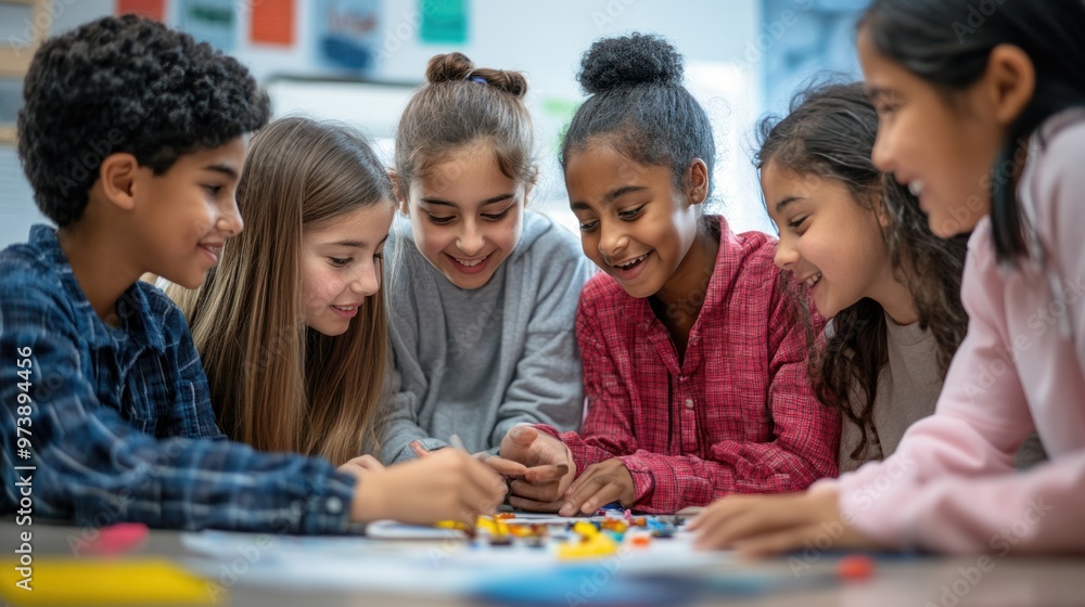 Fototapeta premium A positive learning environment where students of different backgrounds are collaborating on a group project, fostering inclusivity and teamwork