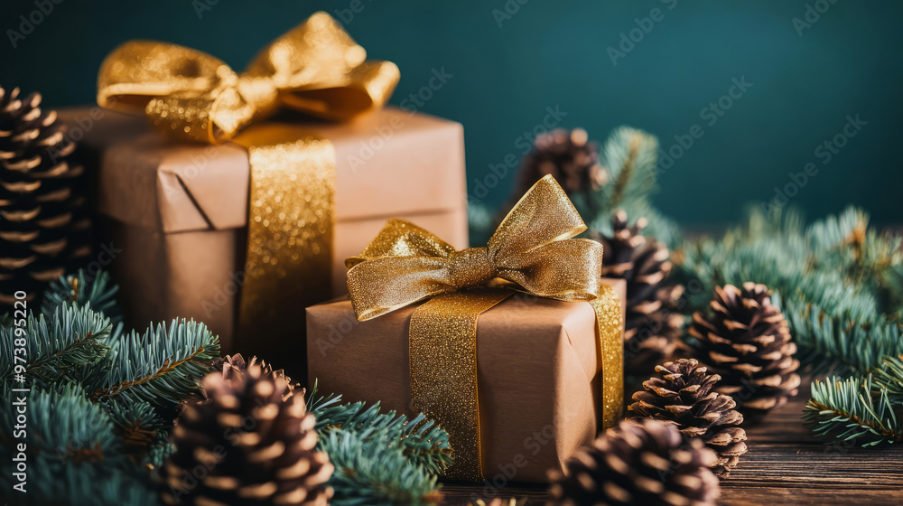 Christmas Gift Boxes With Pine Cones And Fir Branches On A Wooden Table. Christmas Gift Boxes With Pine Cones And Fir Branches On A Wooden Table.