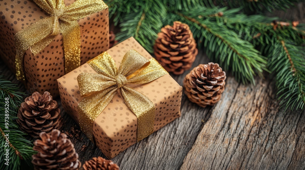 Christmas Gift Boxes With Pine Cones On Wooden Background. Christmas Gift Boxes With Pine Cones On Wooden Background.