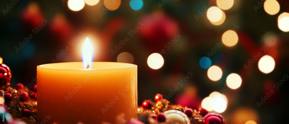 Warm candle light glows against a festive background of bokeh and red christmas ornaments. Warm candle light glows against a festive background of bokeh and red christmas ornaments.