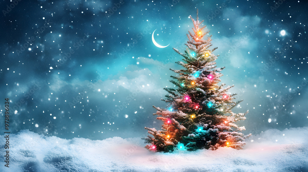 Snow-covered Christmas tree glowing with colorful lights in a serene winter landscape under a crescent moon and twinkling stars Snow-covered Christmas tree glowing with colorful lights in a serene winter landscape under a crescent moon and twinkling stars