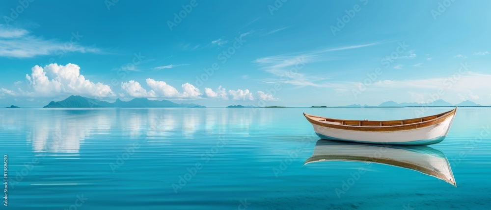 Tranquil seascape with a lone boat on calm turquoise water, under a clear sky. Ideal for relaxation, travel, and nature themes. Tranquil seascape with a lone boat on calm turquoise water, under a clear sky. Ideal for relaxation, travel, and nature themes.