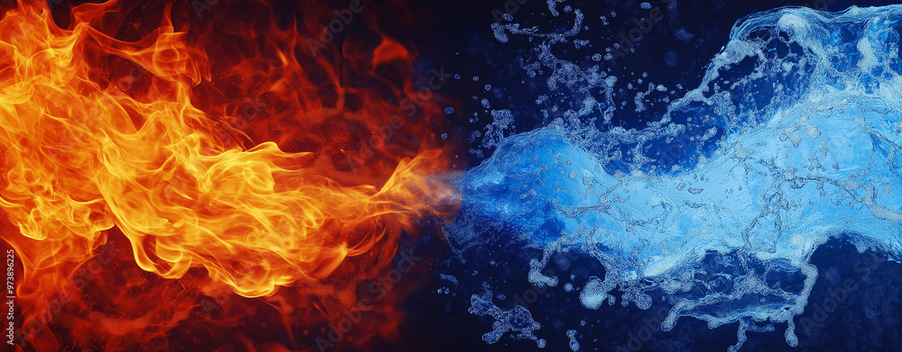 Obraz premium Fiery Flames and Splashing Water on Black Background - Dynamic Contrast of Opposite Energies - Abstract Concept of Fire and Water Interaction