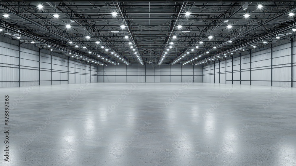 Empty Industrial Warehouse Interior With Metal Roof And Concrete Floor Empty Industrial Warehouse Interior With Metal Roof And Concrete Floor