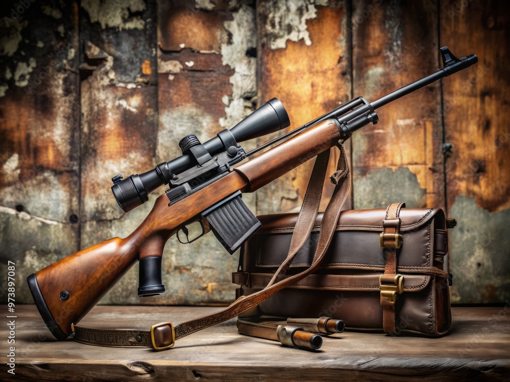 A rugged, matte-black rifle with adjustable sights and a folding stock, slung over a weathered leather shoulder strap, A rugged, matte-black rifle with adjustable sights and a folding stock, slung over a weathered leather shoulder strap,