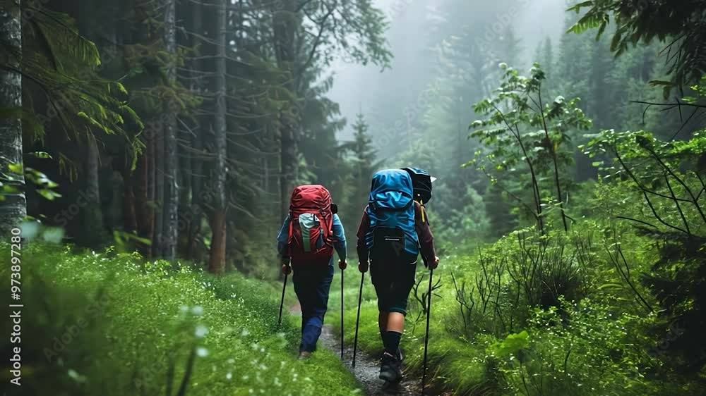 Travelers in rain gear hiking through dense forest, misty air, overcast sky, copy space, serene mood, Travelers in rain gear hiking through dense forest, misty air, overcast sky, copy space, serene mood,