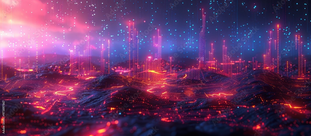Digital Cityscape in a Glowing Red and Blue Color Palette Digital Cityscape in a Glowing Red and Blue Color Palette