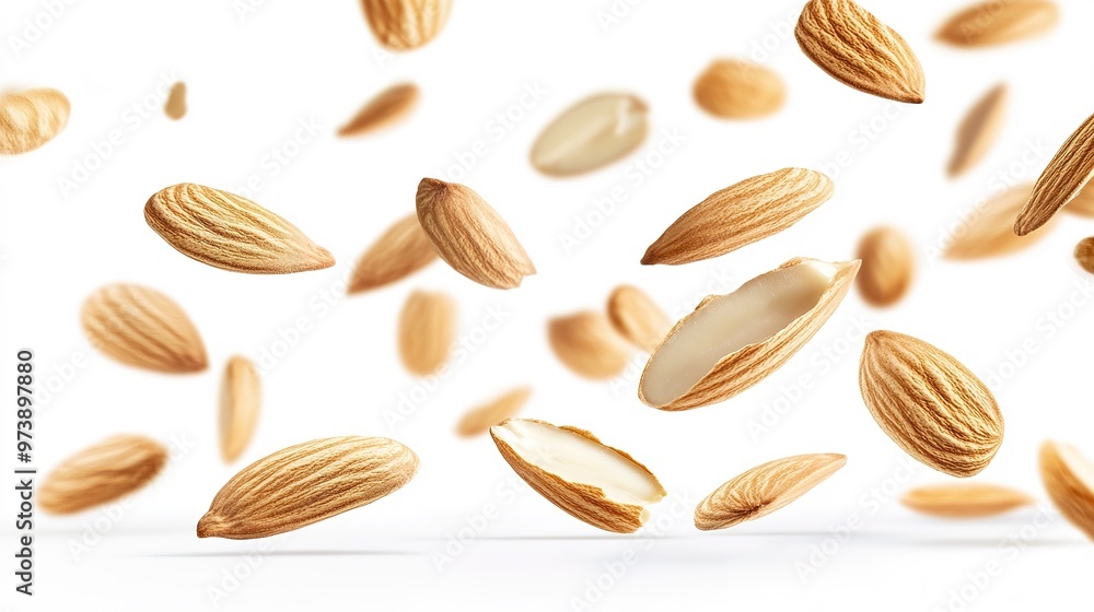 Obraz premium almond slices fliying on a white background
