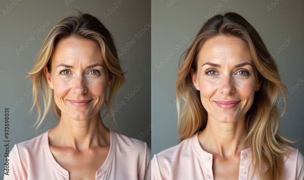 A woman with a natural smile showcases her radiant beauty in a split-image portrait, highlighting the difference in lighting and angles for a captivating effect. A woman with a natural smile showcases her radiant beauty in a split-image portrait, highlighting the difference in lighting and angles for a captivating effect.