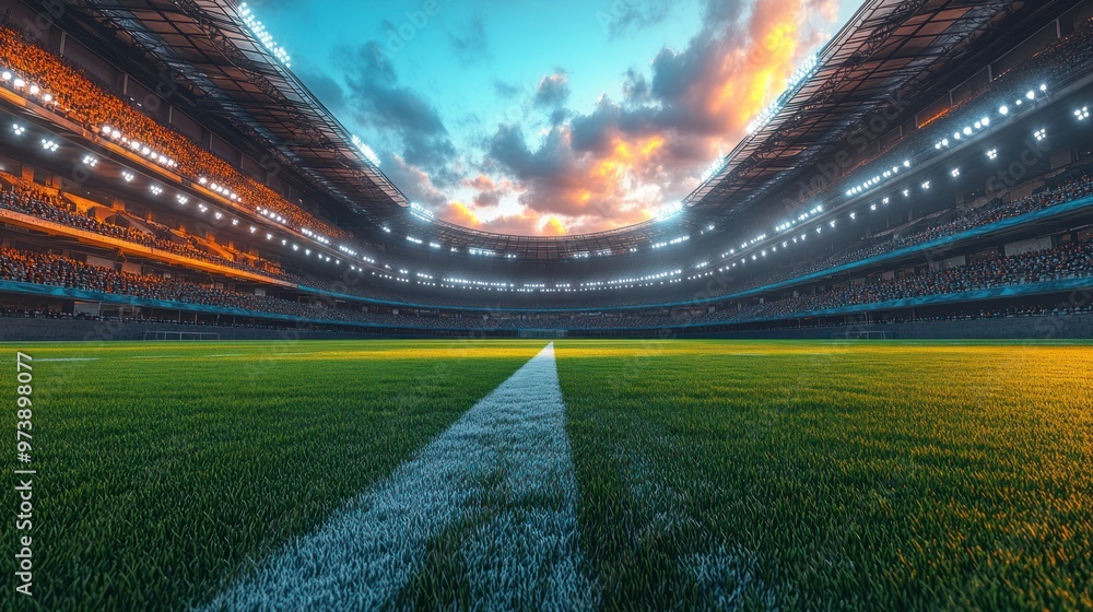 Naklejka premium A vibrant sports stadium at dusk, showcasing a lush green field.
