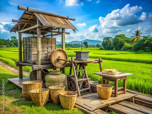 A rustic rice mill with wooden machinery and woven baskets stands amidst lush green fields and rural landscape, photo