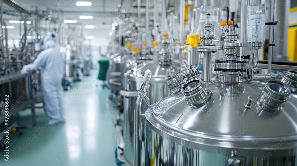 An overview of a biopharmaceutical production facility, showing the sterile conditions and the advanced processes involved in maintaining quality control during the manufacturing process An overview of a biopharmaceutical production facility, showing the sterile conditions and the advanced processes involved in maintaining quality control during the manufacturing process