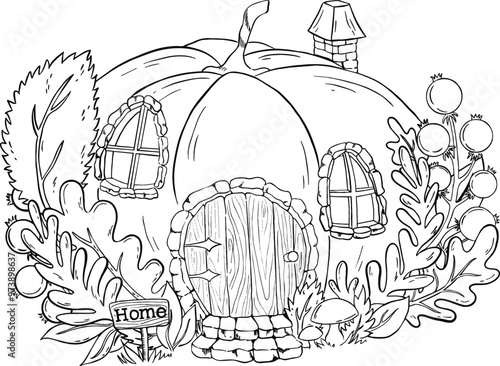 Autumn coloring picture of a house in a pumpkin among plants. Vector illustration