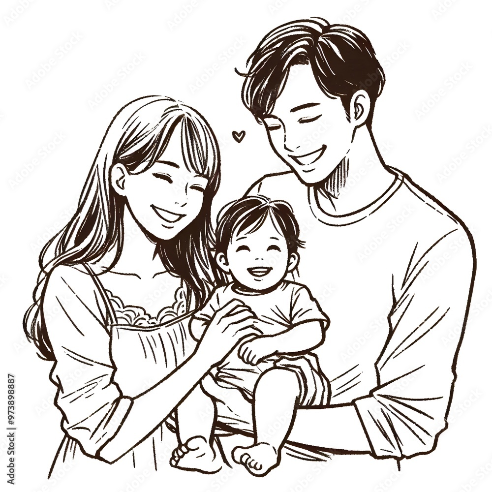 Black and white line drawing of a happy family Black and white line drawing of a happy family