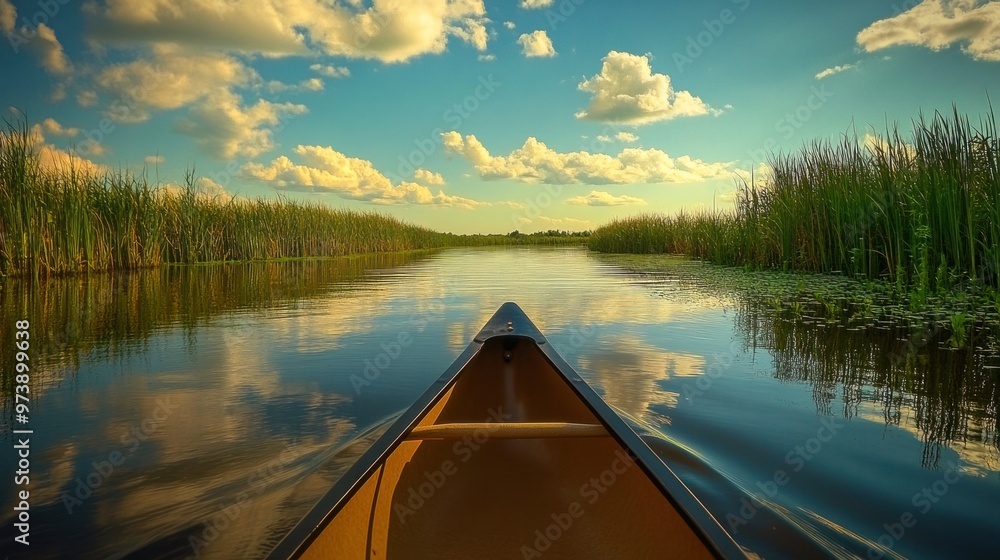Capturing nature photography while canoeing on calm waters Capturing nature photography while canoeing on calm waters