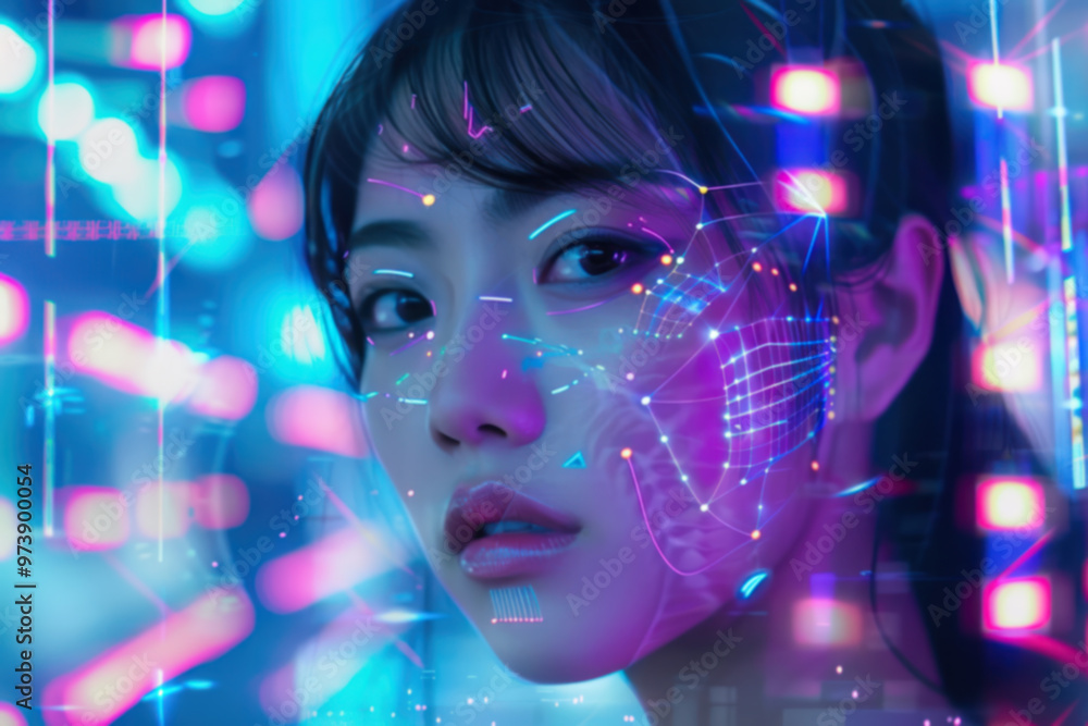 Blurred digital woman face with neon light patterns and grids Blurred digital woman face with neon light patterns and grids