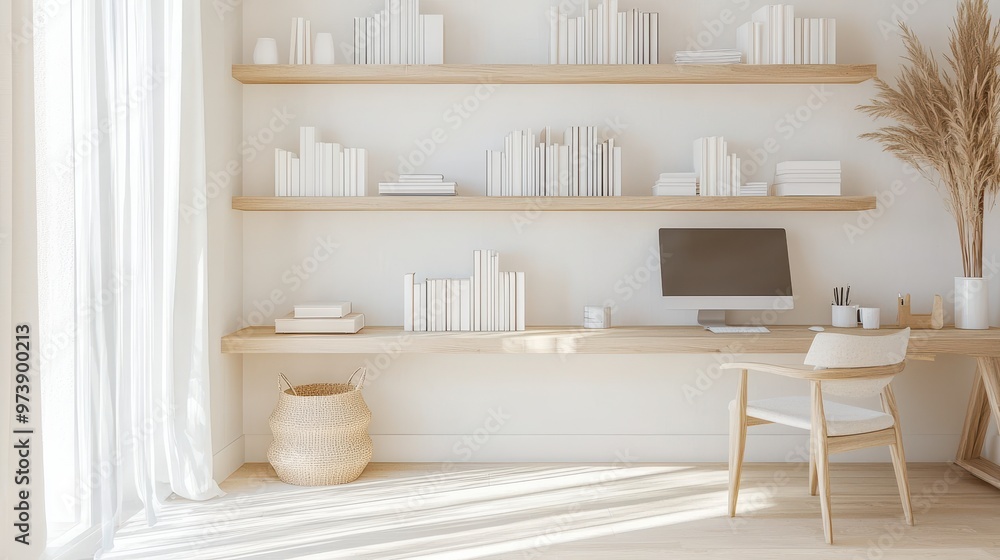 Minimalist Home Office Desk with Bookshelves and Natural Light Minimalist Home Office Desk with Bookshelves and Natural Light