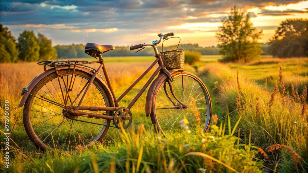 A rusty old bicycle lies abandoned in a rural field, its worn spin wheel highlighting the passing of A rusty old bicycle lies abandoned in a rural field, its worn spin wheel highlighting the passing of