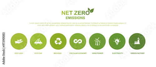 Net zero and carbon neutral vector illustration. Concept net zero greenhouse gas and emissions target Climate neutral long term strategy with environmentally friendly icons