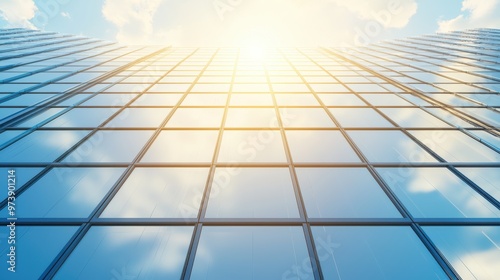 Wallpaper Mural Modern Glass Facade of a Building with Blue Sky and Sun Torontodigital.ca