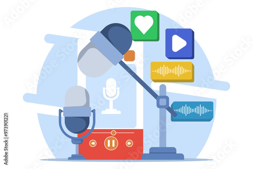 Radio and podcast concept, radio host talking into microphone and interviewing guests, Online video or audio podcast, Live interview, listen to interview show, Podcast player.