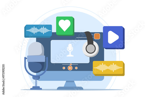 Radio and podcast concept, radio host talking into microphone and interviewing guests, Online video or audio podcast, Live interview, listen to interview show, Podcast player.
