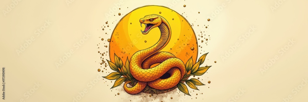 Fototapeta premium A vibrant illustration of a snake coiled around a sun, symbolizing power and transformation. Perfect for wildlife, nature, or spiritual themes.