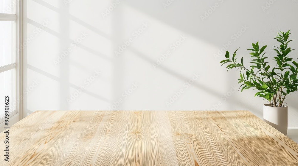 Light Wood Tabletop with White Wall and Plant in Pot Light Wood Tabletop with White Wall and Plant in Pot