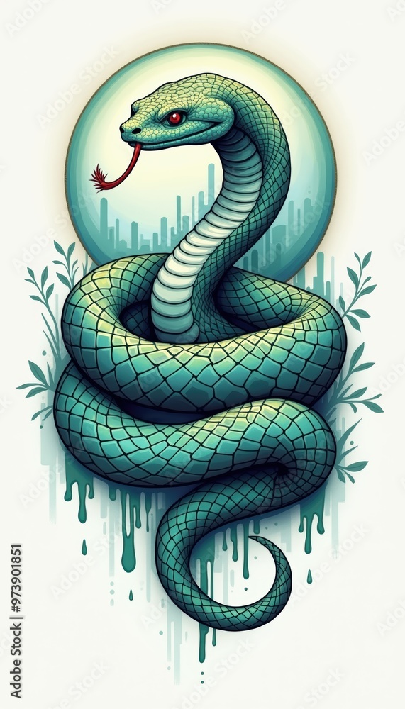 A stylized green snake encircles itself, adorned with foliage and a subtle drip effect, perfect for branding, tattoo design, or eco-themed graphics. A stylized green snake encircles itself, adorned with foliage and a subtle drip effect, perfect for branding, tattoo design, or eco-themed graphics.