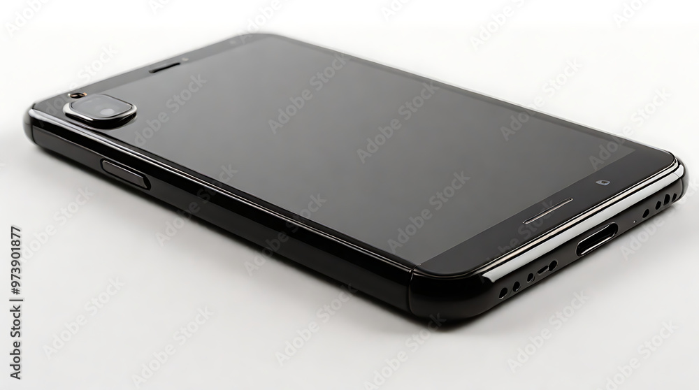 A sleek black smartphone lying flat on a plain white isolated background A sleek black smartphone lying flat on a plain white isolated background