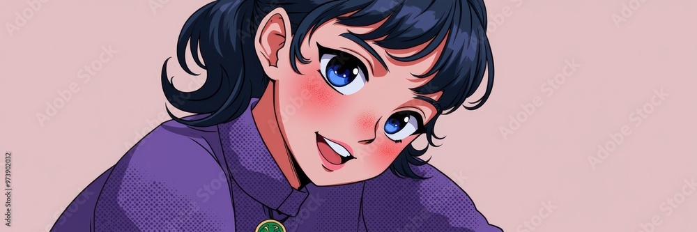 A whimsical cartoon illustration of a young girl with black hair and blue eyes, suitable for creative projects, branding, and children's media. A whimsical cartoon illustration of a young girl with black hair and blue eyes, suitable for creative projects, branding, and children's media.